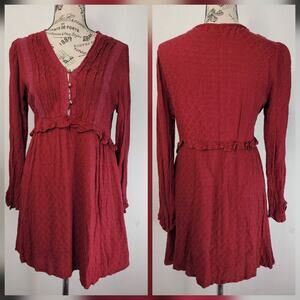 Coco Jaimeson Babydoll Mini Dress Sz Medium V Neck Long Sleeves Cottage Burgundy